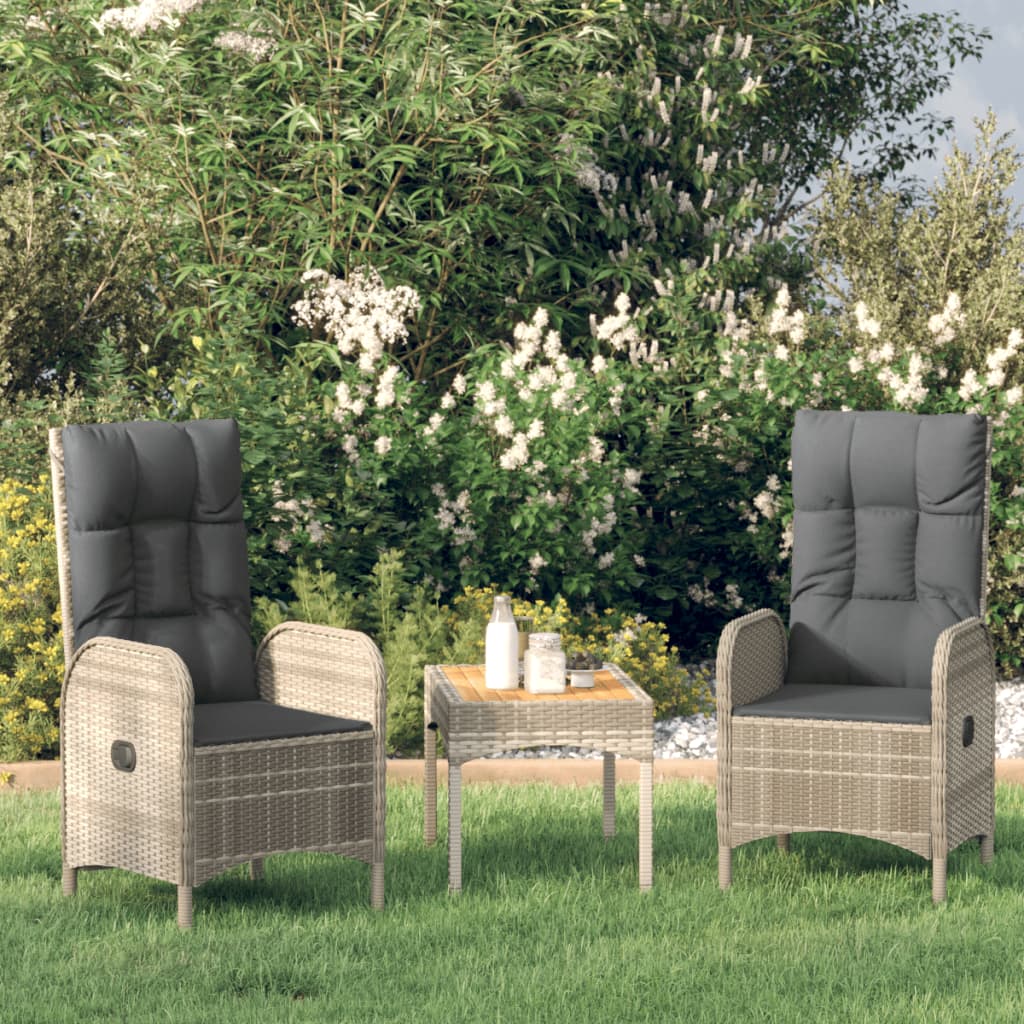 vidaXL 3-delige Loungeset met kussens poly rattan grijs