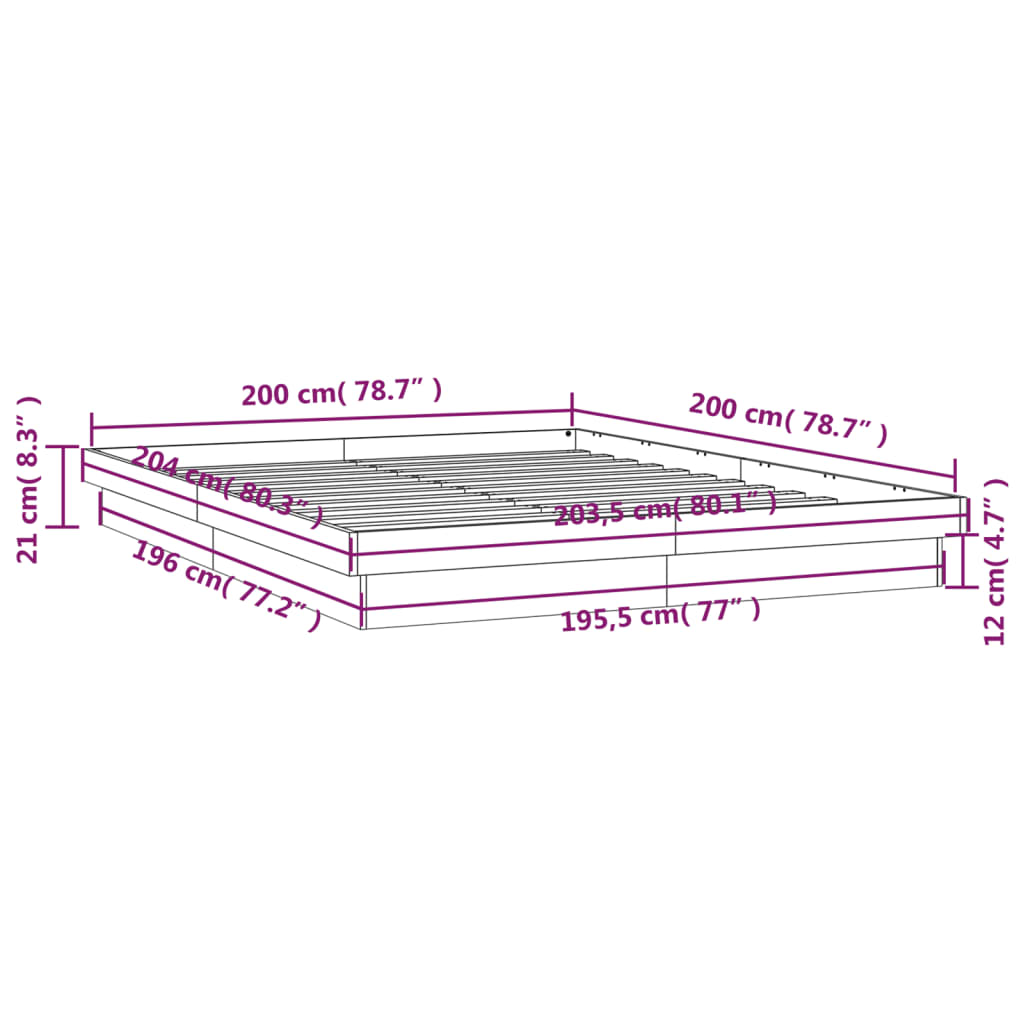 vidaXL Bedframe met LED massief grenenhout wasbruin 200x200 cm