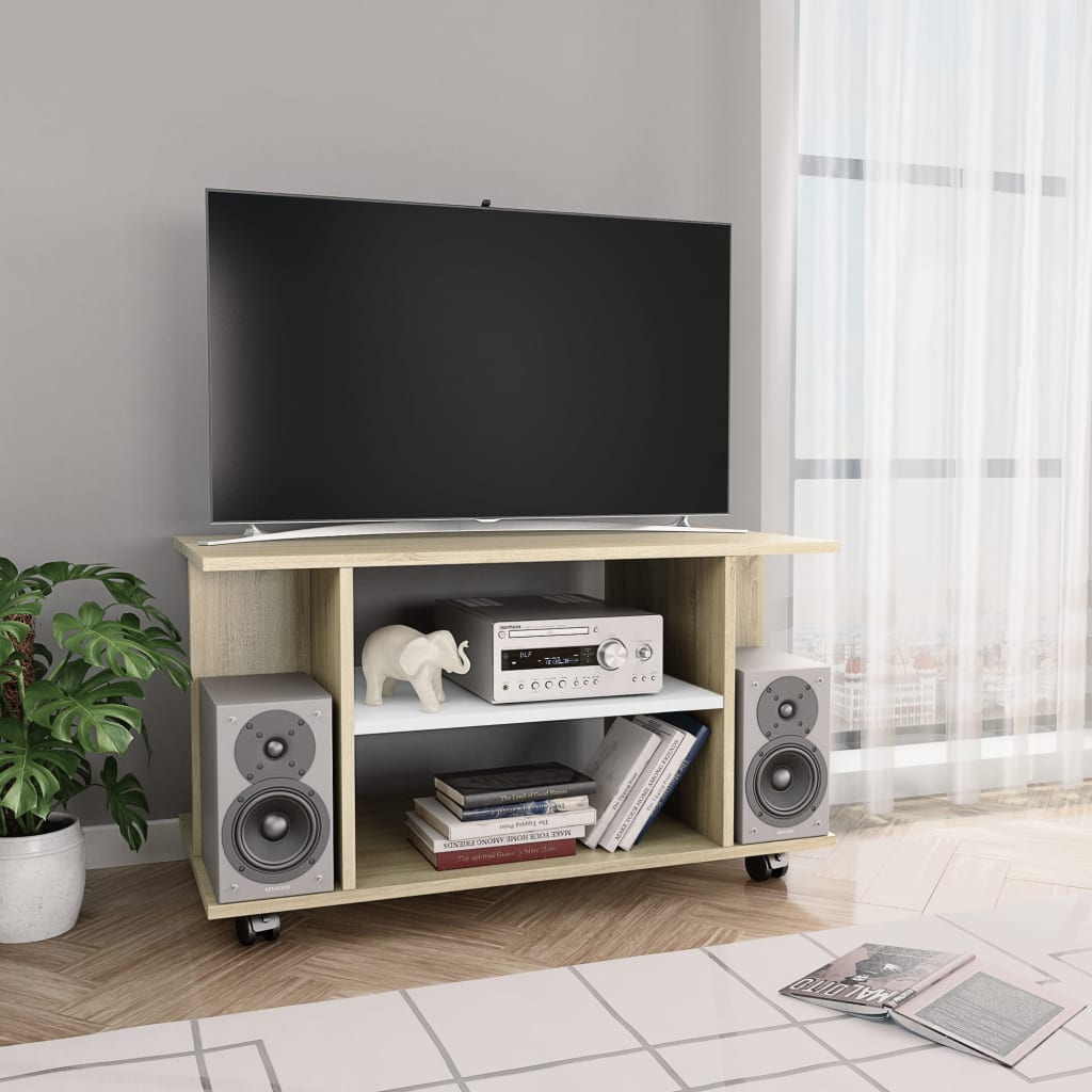vidaXL Tv-meubel met wieltjes 80x40x45 cm bewerkt hout wit en sonoma
