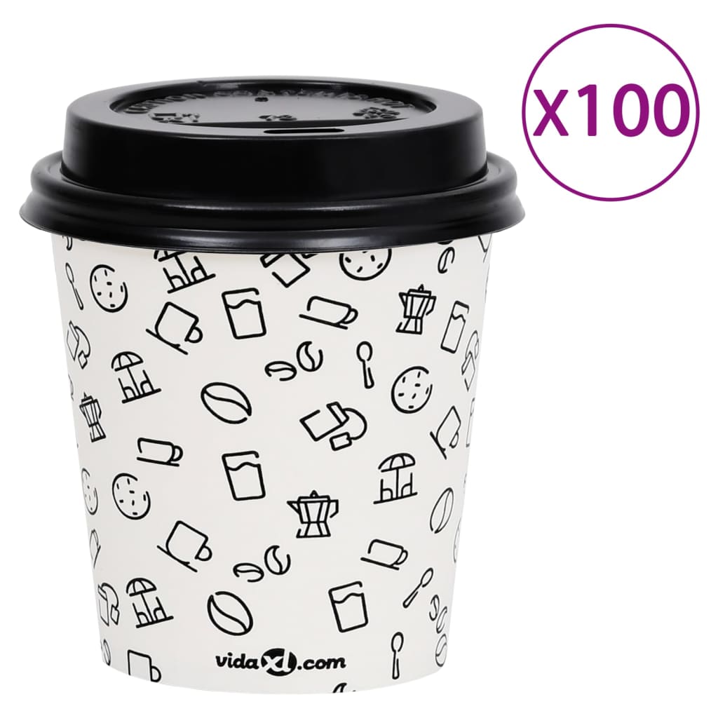 vidaXL 100 st Koffiebekers met deksels 200 ml papier wit en zwart