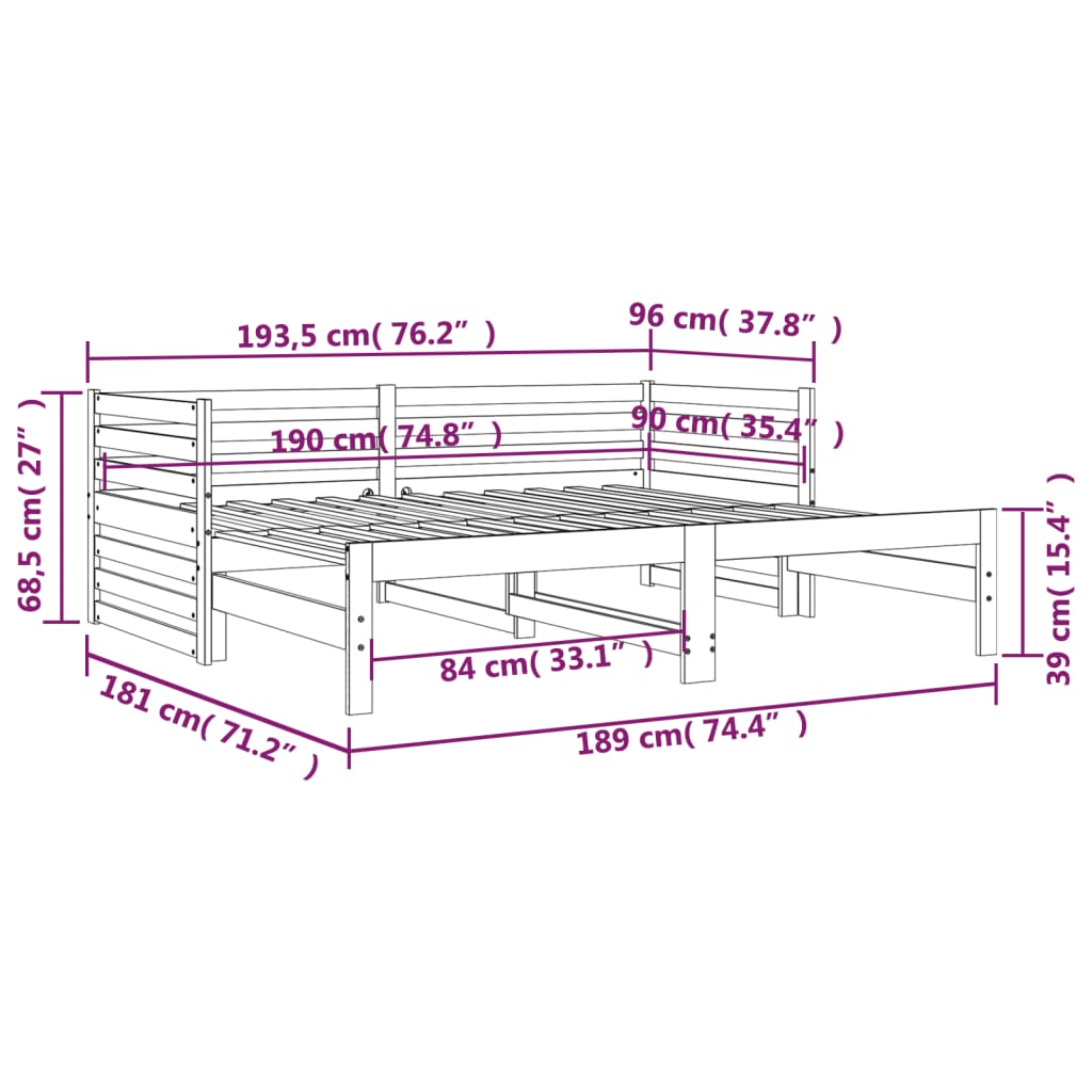 vidaXL Slaapbank uitschuifbaar massief grenenhout wit 2x(90x190) cm