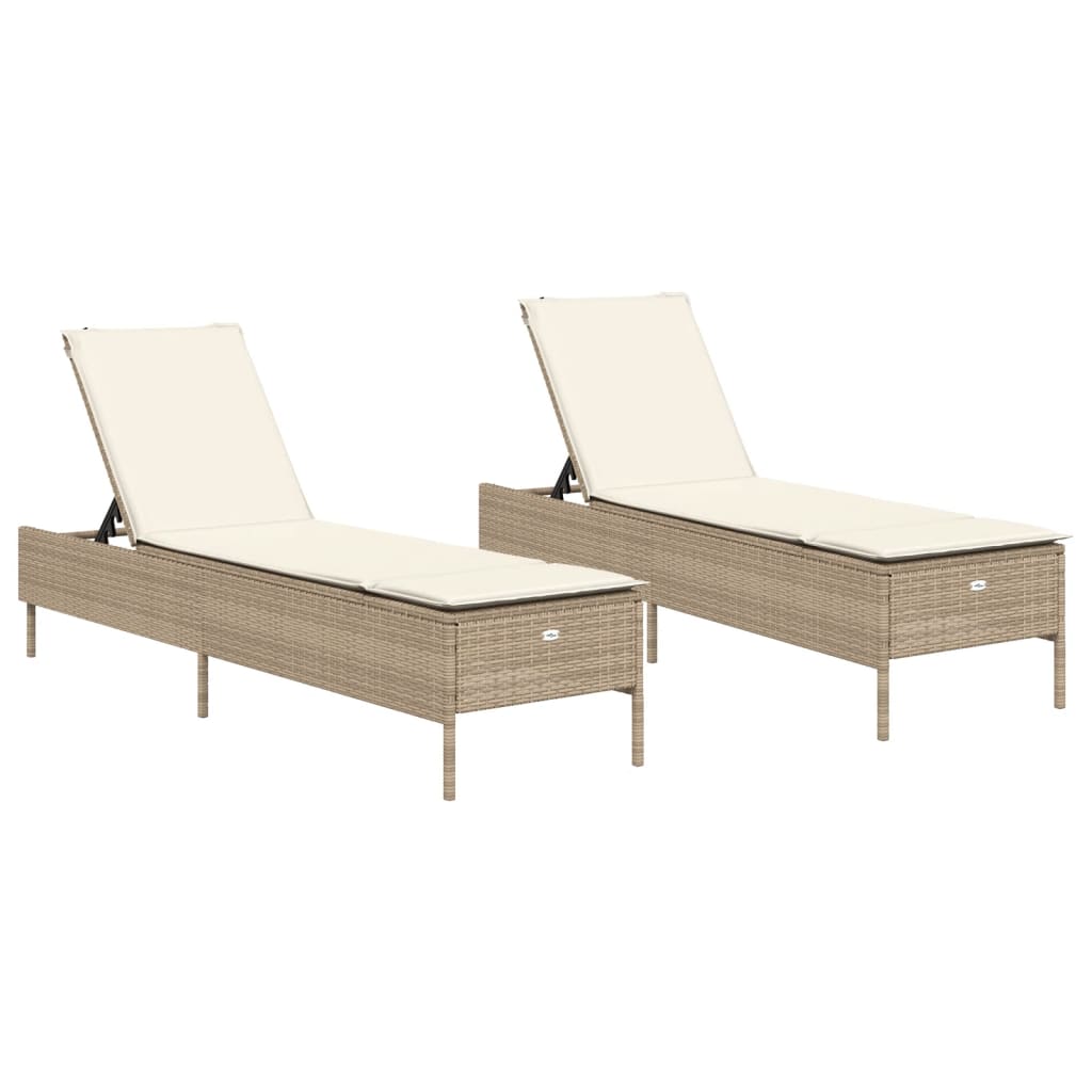 vidaXL Ligstoelen 2 st met kussens poly rattan beige