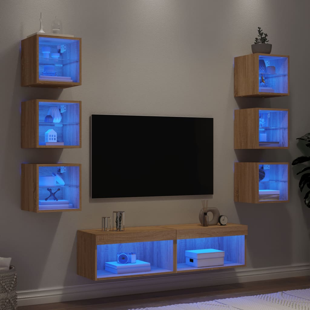 vidaXL 8-delige Tv-wandmeubelset met LED bewerkt hout sonoma eiken