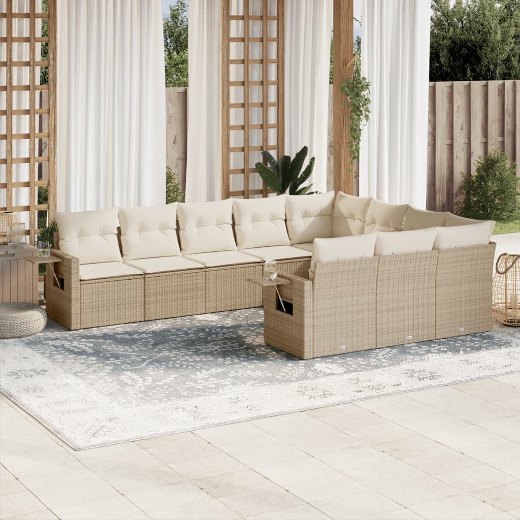 vidaXL 10-delige Loungeset met kussens poly rattan beige