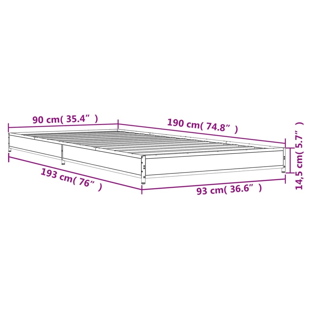 vidaXL Bedframe bewerkt hout en metaal gerookt eikenkleurig 90x190 cm