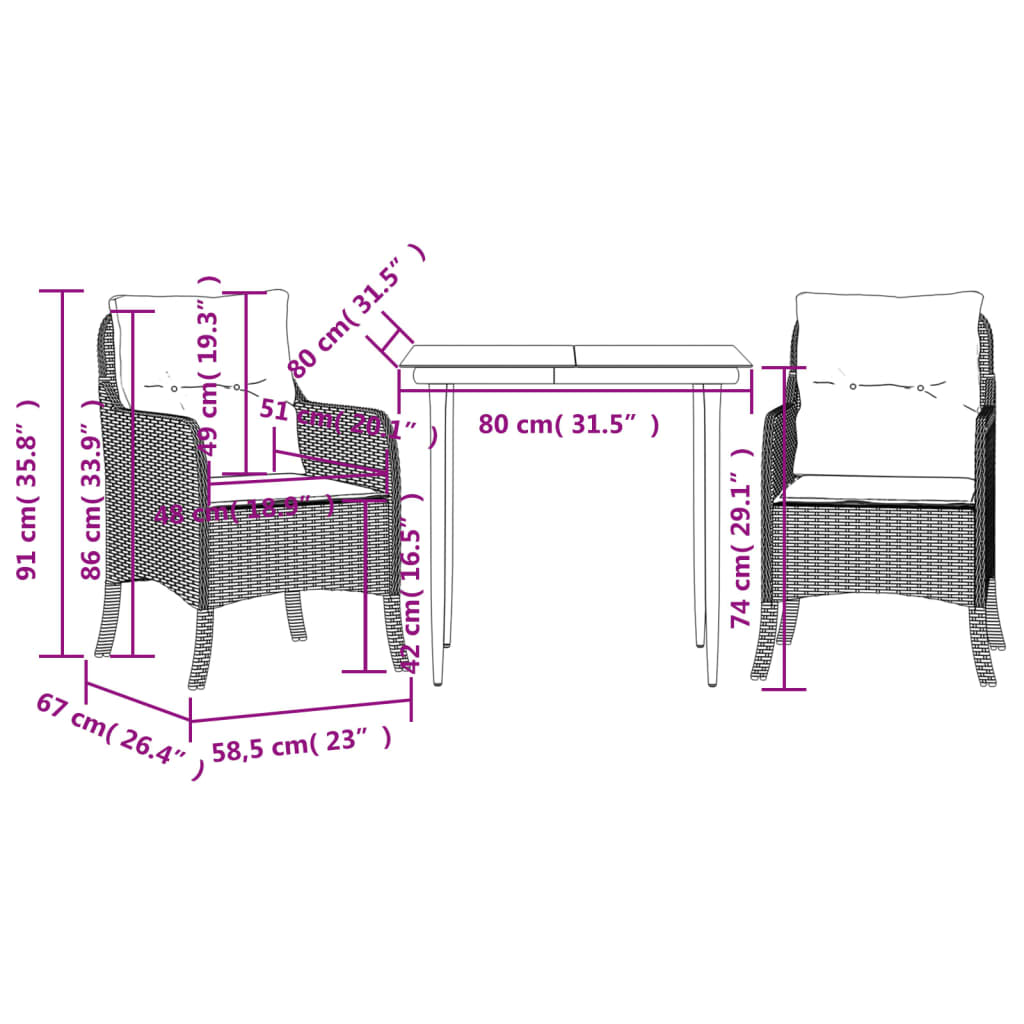 vidaXL 3-delige Tuinset met kussens poly rattan grijs