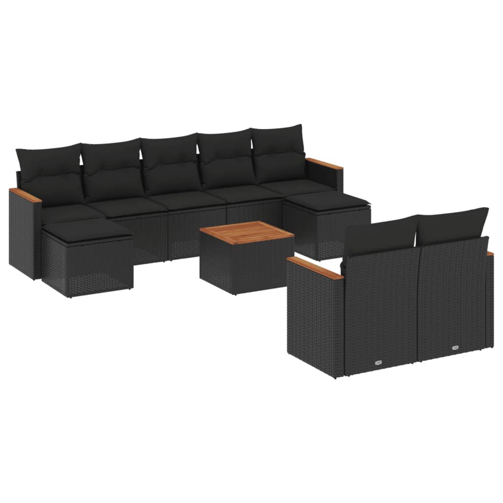 vidaXL 10-delige Loungeset met kussens poly rattan zwart