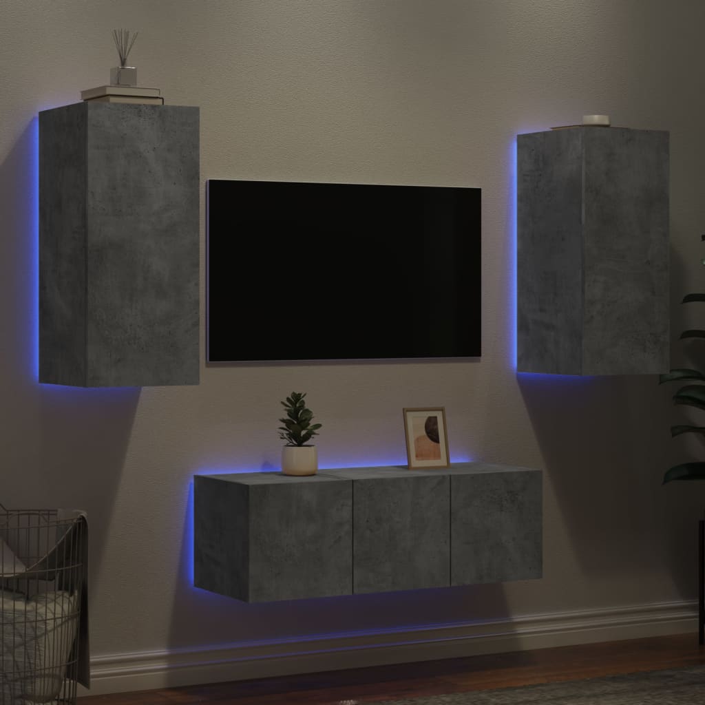 vidaXL 4-delige Tv-wandmeubelset met LED bewerkt hout betongrijs