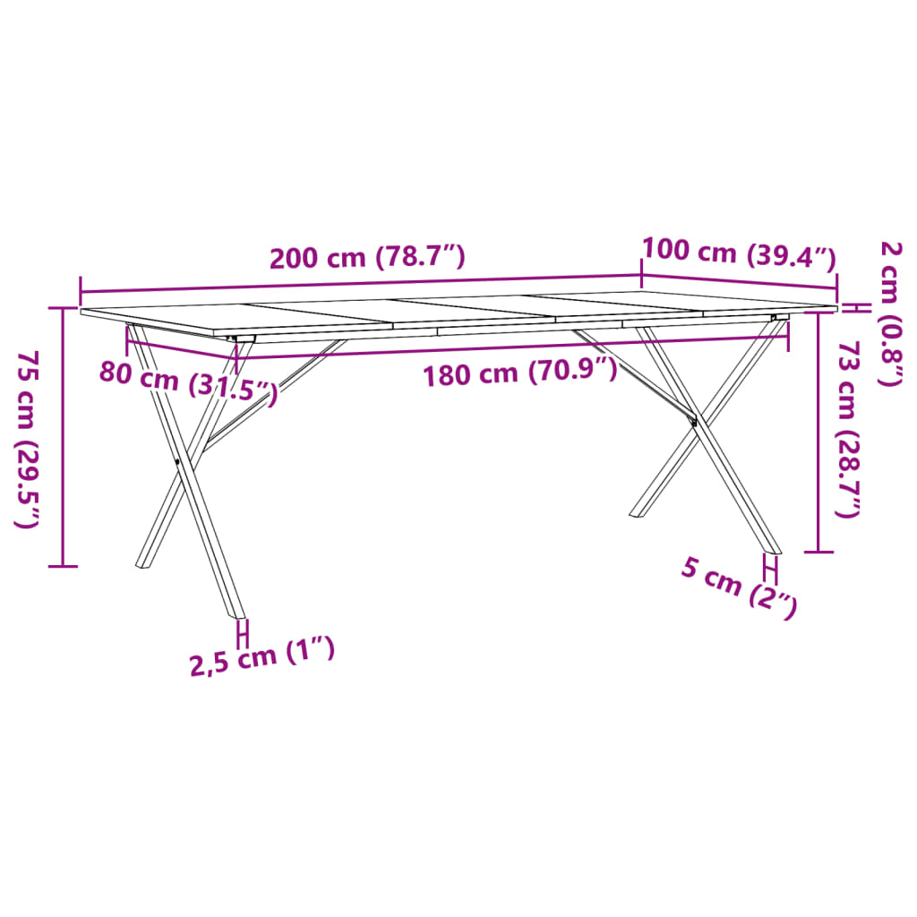 vidaXL Eettafel X-frame 200x100x75 cm massief grenenhout en gietijzer