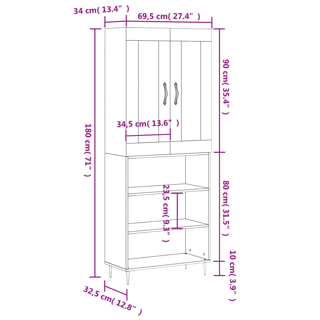 vidaXL Hoge kast 69,5x34x180 cm bewerkt hout hoogglans wit