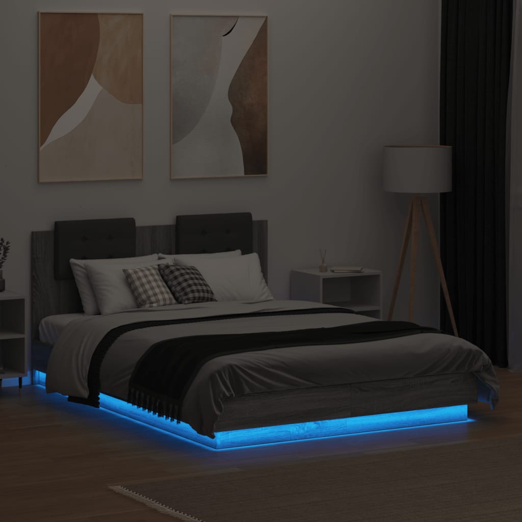 vidaXL Bedframe met hoofdbord en LED grijs sonoma eikenkleur 140x190cm