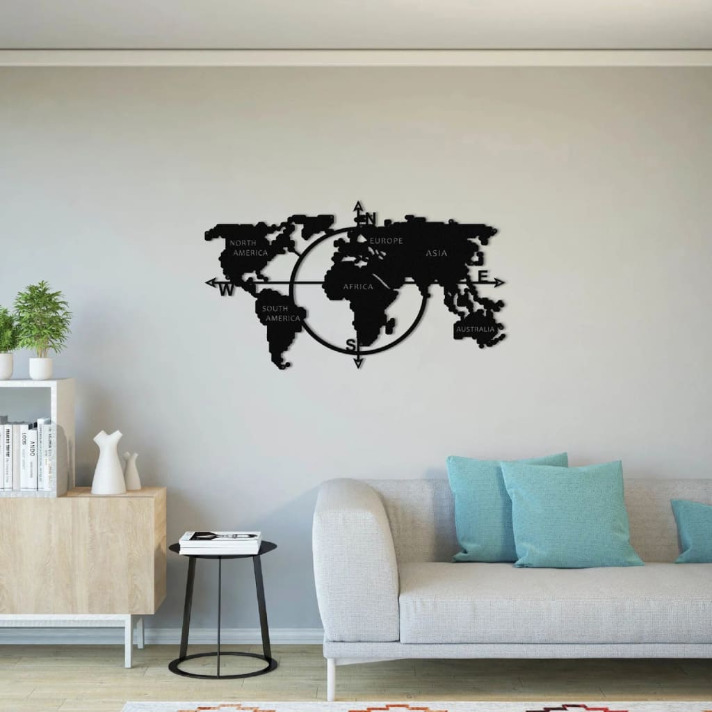 Homemania Wanddecoratie World Map 100x56 cm metaal zwart