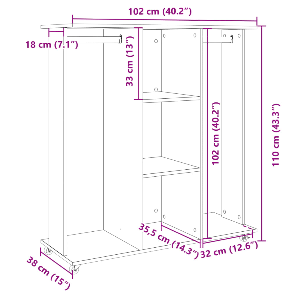 vidaXL Kledingkast met wielen 102x38x110 cm bewerkt hout sonoma eiken