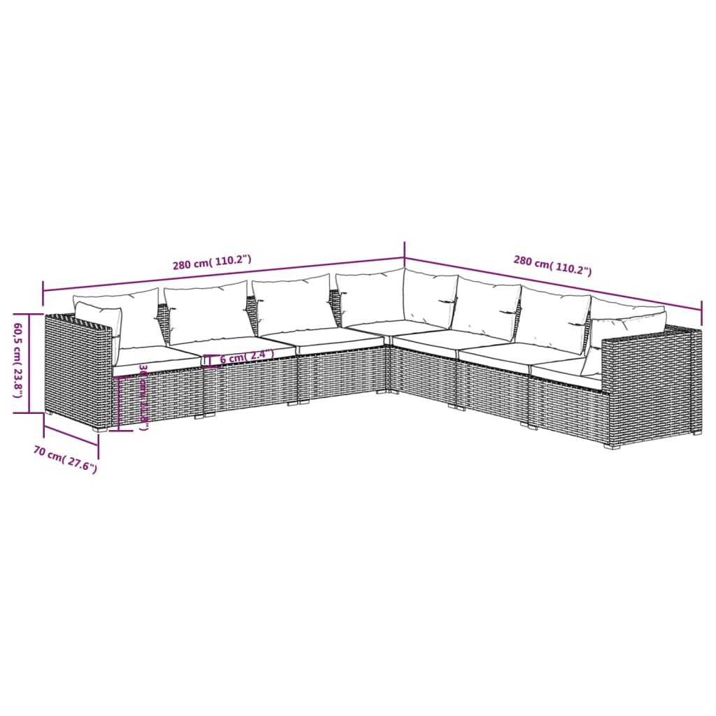 vidaXL 7-delige Loungeset met kussens poly rattan zwart