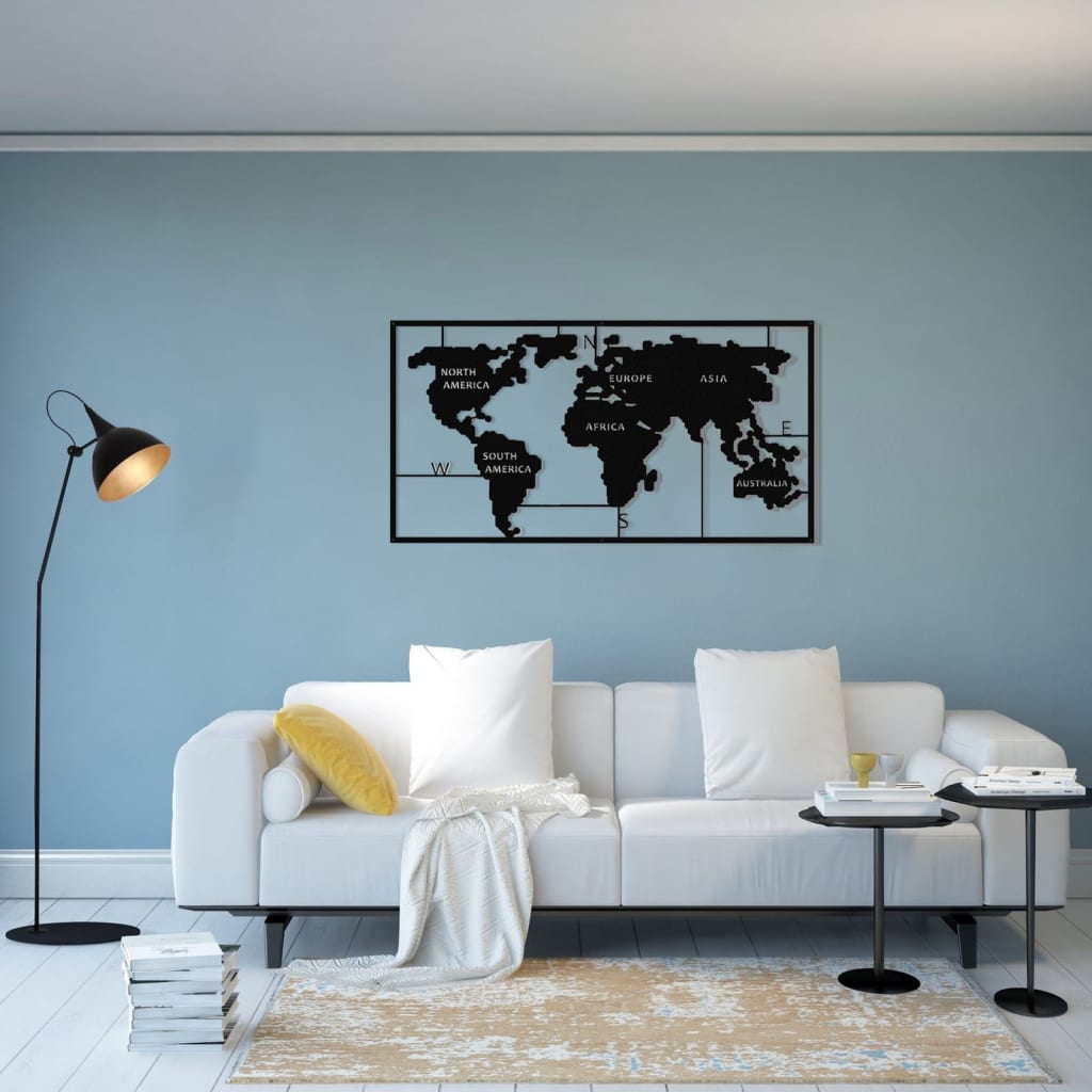 Homemania Wanddecoratie World Map 90x55 cm metaal zwart