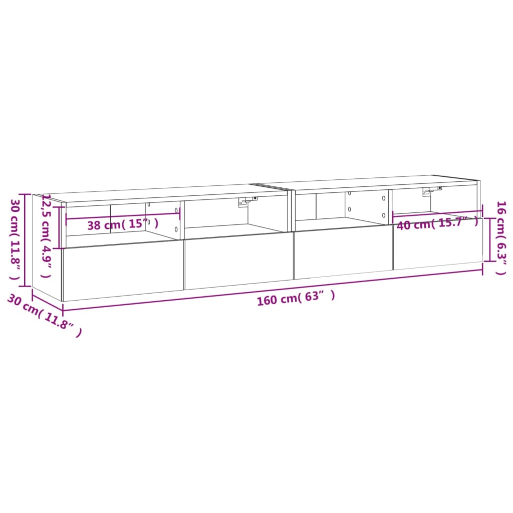 vidaXL Tv-wandmeubels 2 st 80x30x30 cm bewerkt hout grijs sonoma eiken