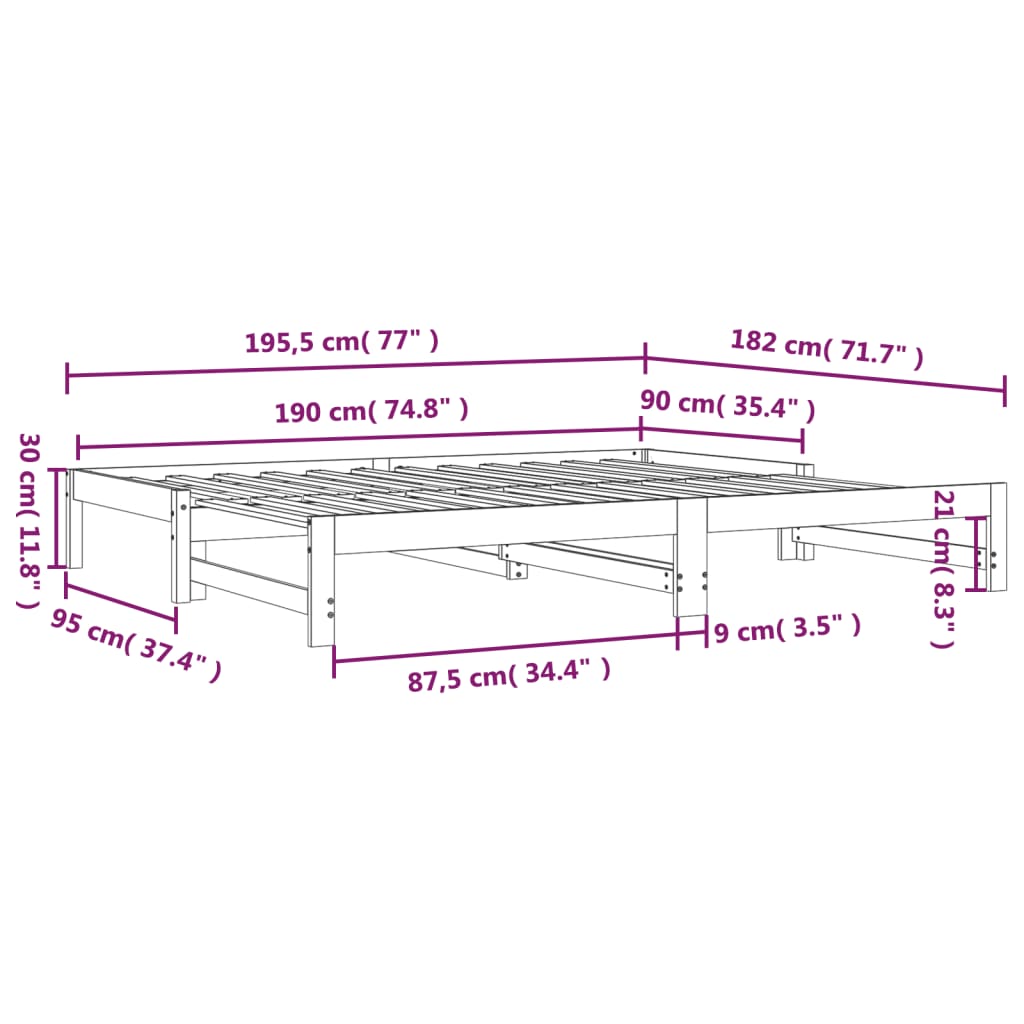 vidaXL Slaapbank uitschuifbaar massief grenenhout wit 2x(90x190) cm