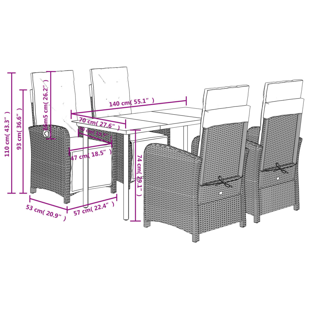 vidaXL 5-delige Tuinset met kussens poly rattan zwart