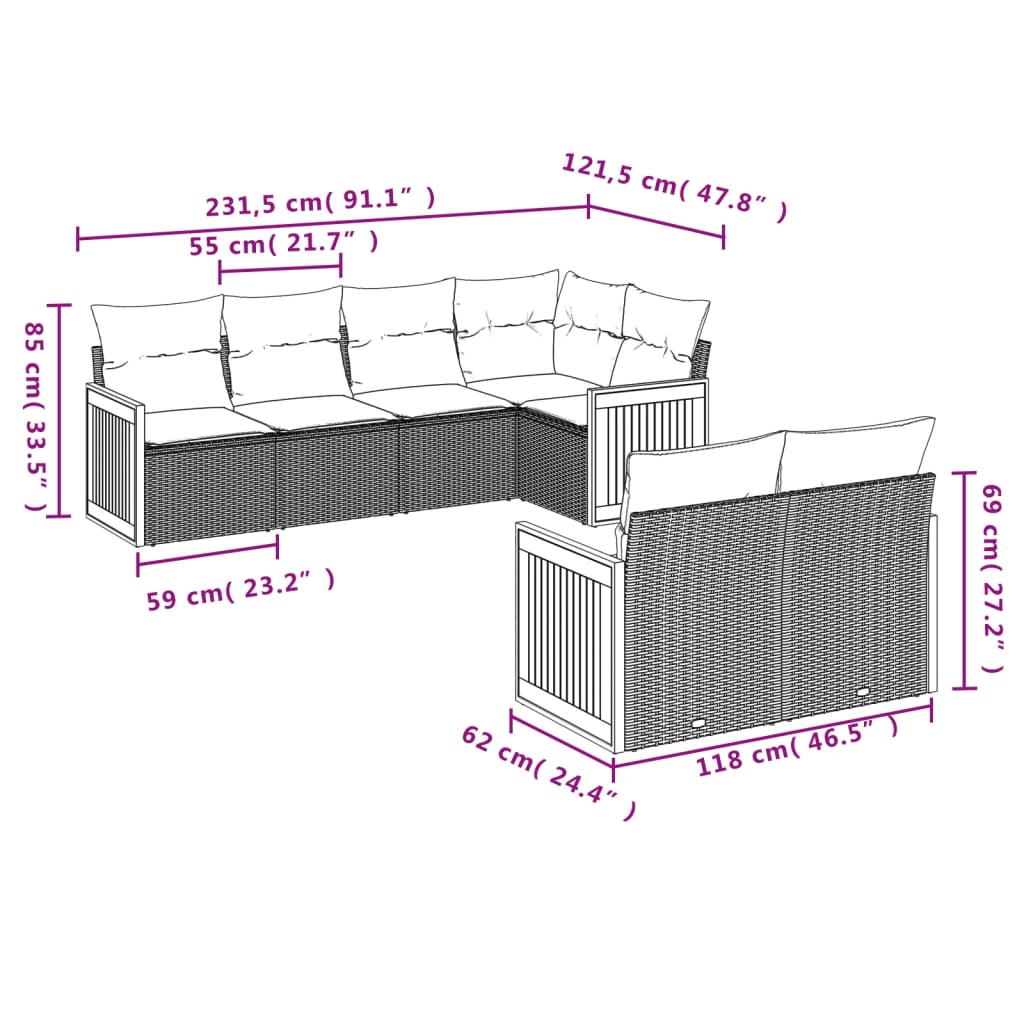 vidaXL 7-delige Loungeset met kussens poly rattan zwart