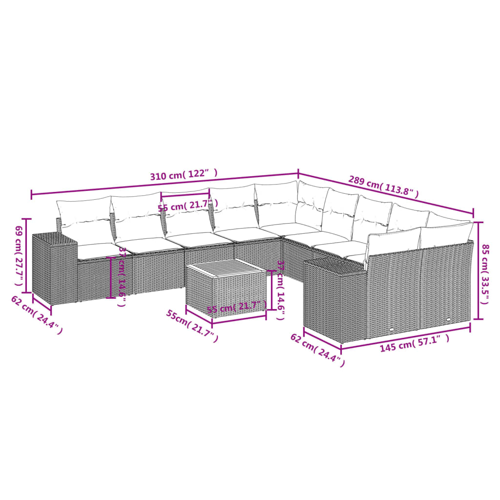 vidaXL 11-delige Loungeset met kussens poly rattan grijs