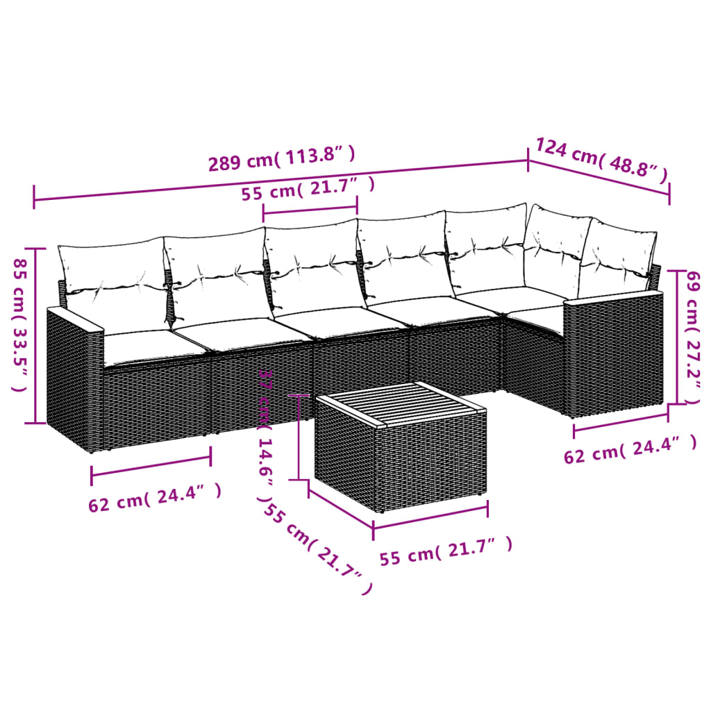 vidaXL 7-delige Loungeset met kussens poly rattan beige