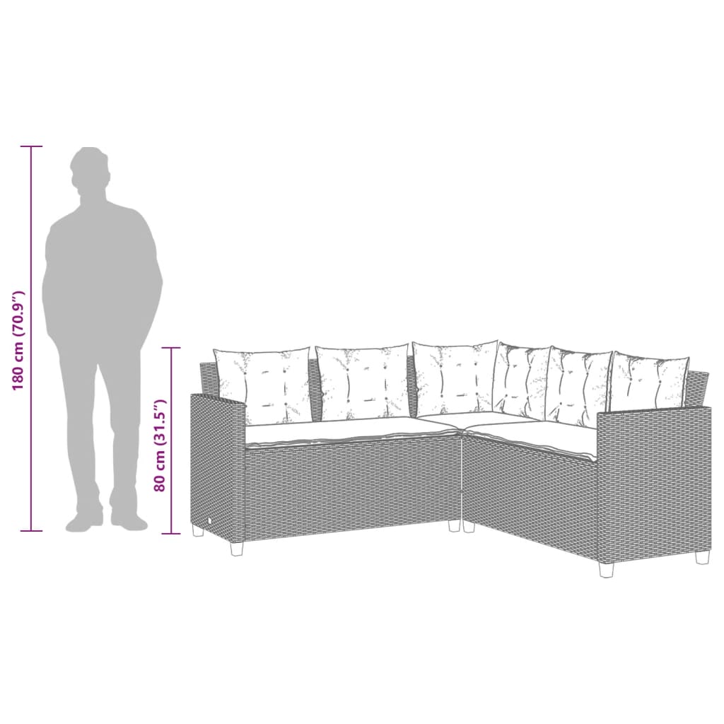 vidaXL Tuinbank met tafel en kussens L-vormig poly rattan grijs