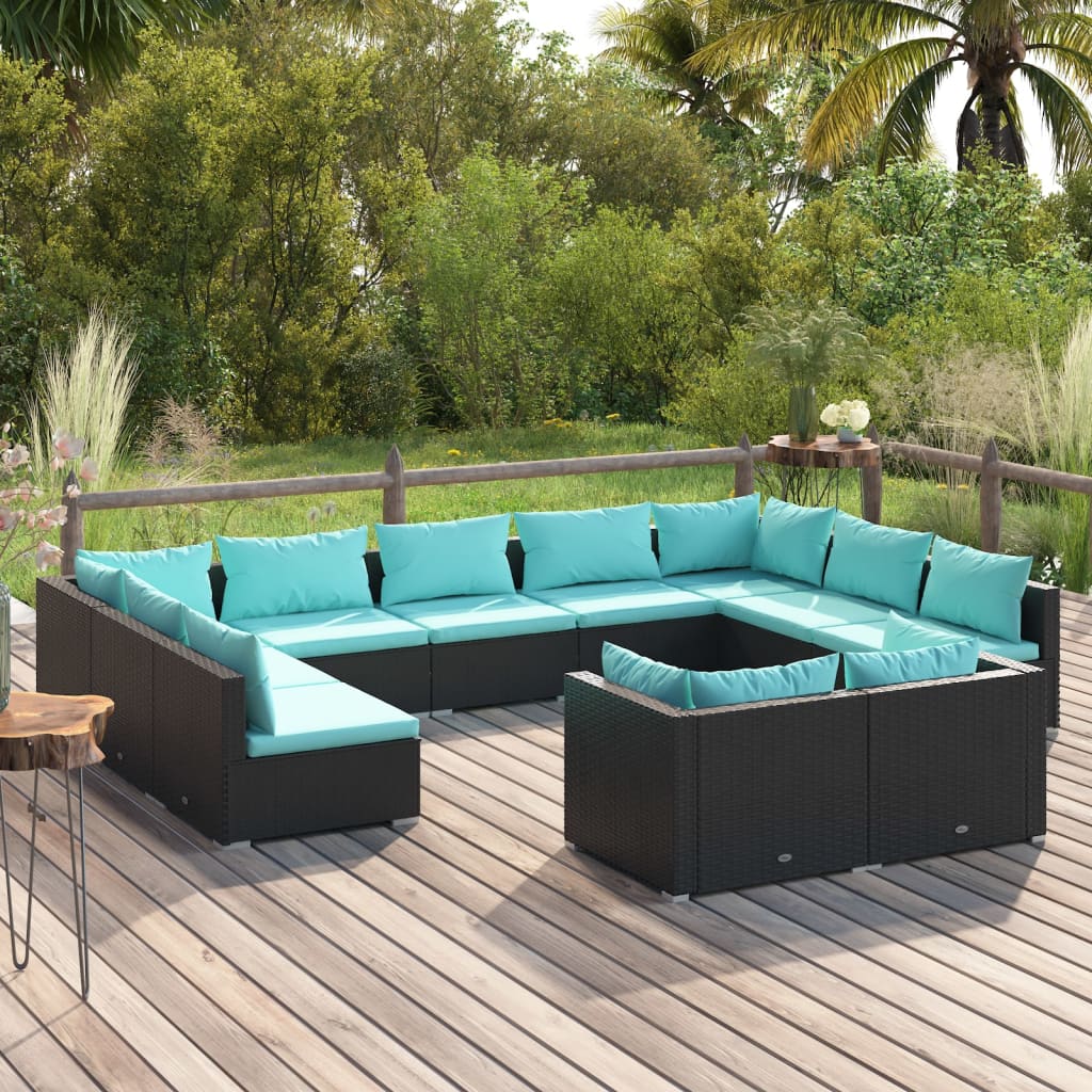 vidaXL 11-delige Loungeset met kussens poly rattan zwart