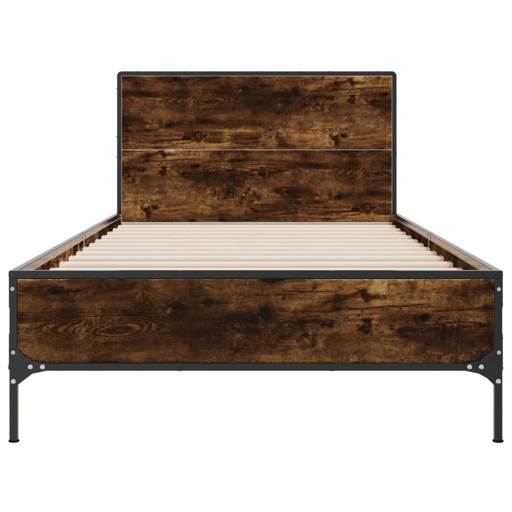 vidaXL Bedframe bewerkt hout en metaal gerookt eikenkleurig 90x190 cm