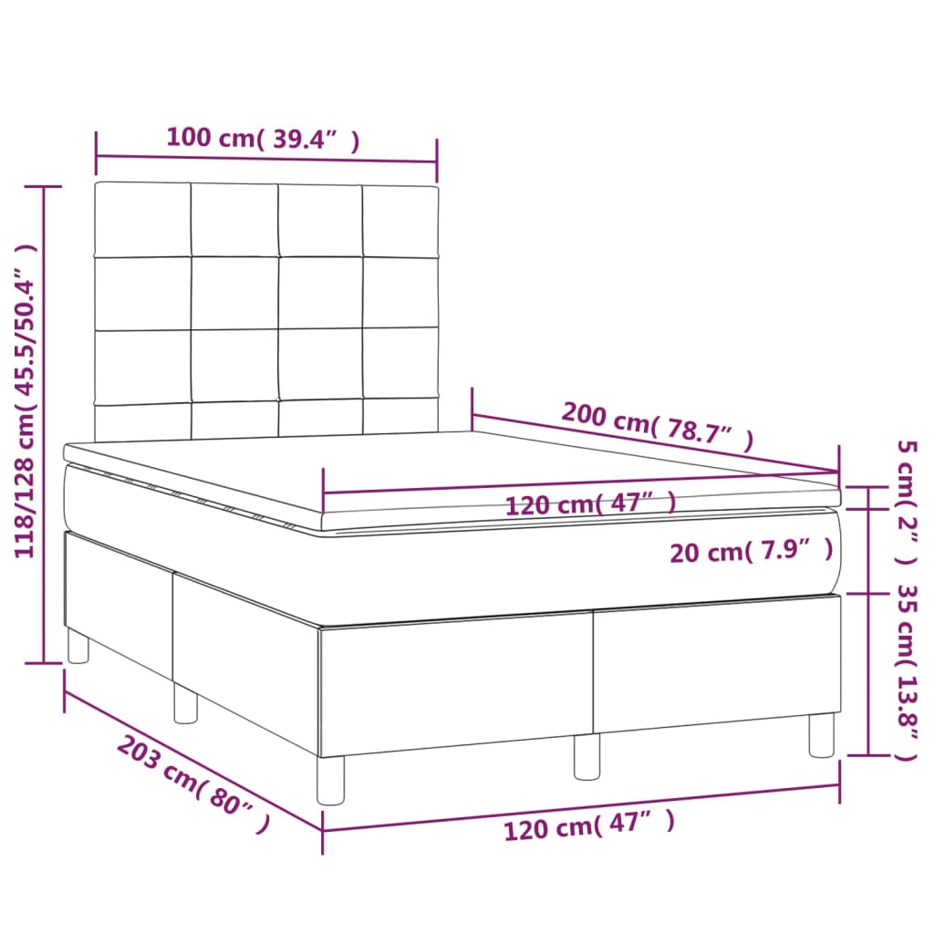 vidaXL Boxspring met matras en LED stof donkergrijs 120x200 cm