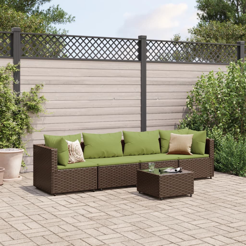 vidaXL 5-delige Loungeset met kussens poly rattan bruin