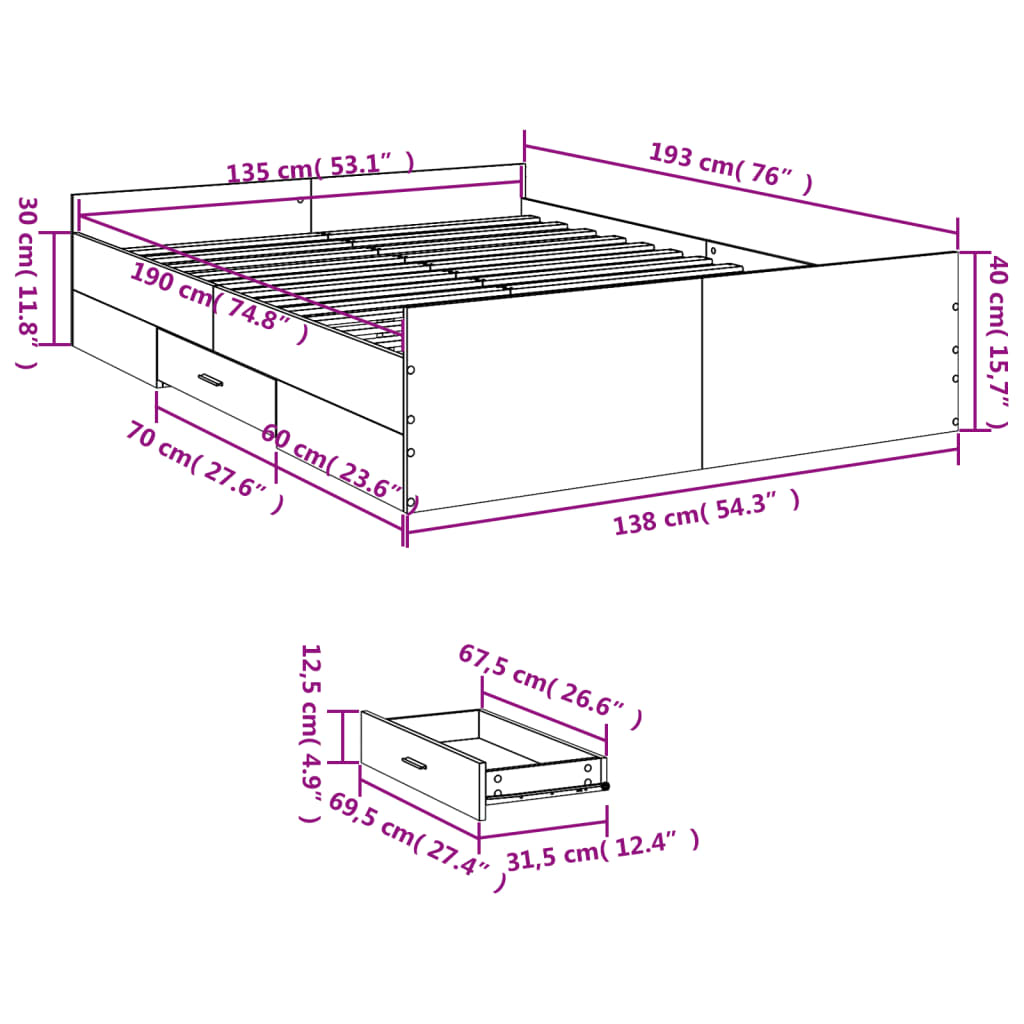 vidaXL Bedframe met lades bewerkt hout wit 135x190 cm