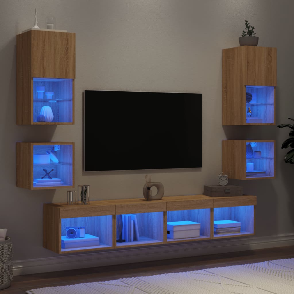 vidaXL 8-delige Tv-wandmeubelset met LED bewerkt hout sonoma eiken