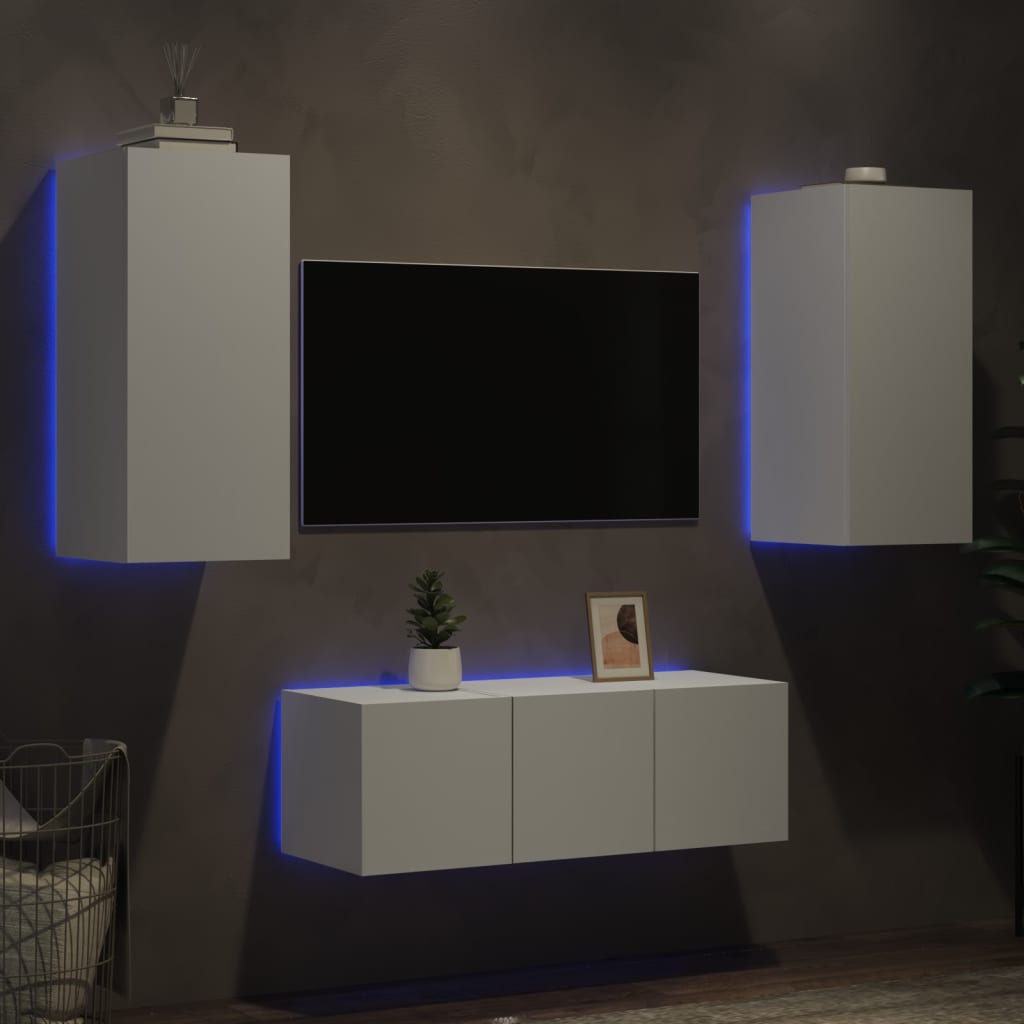 vidaXL 4-delige Tv-wandmeubelset met LED-verlichting bewerkt hout wit