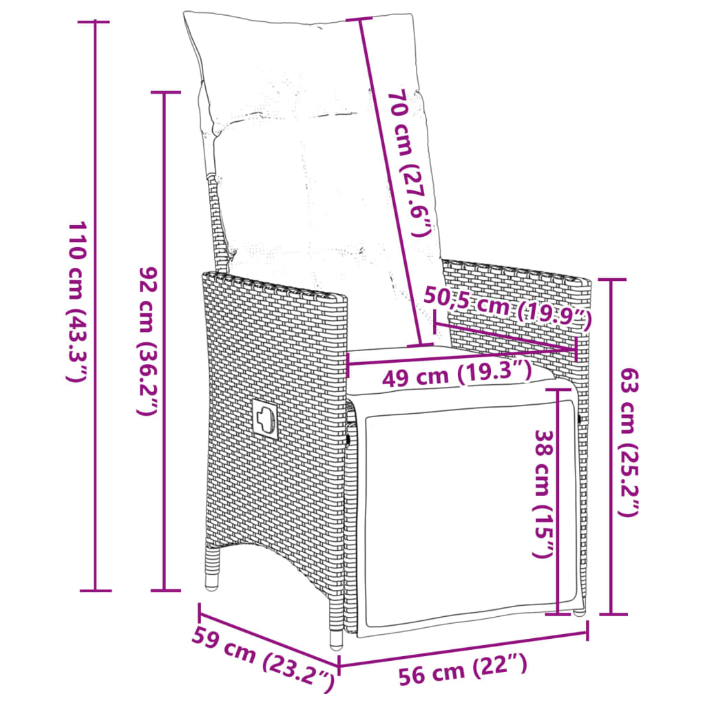 vidaXL Tuinstoelen 2 st verstelbaar met kussens poly rattan bruin