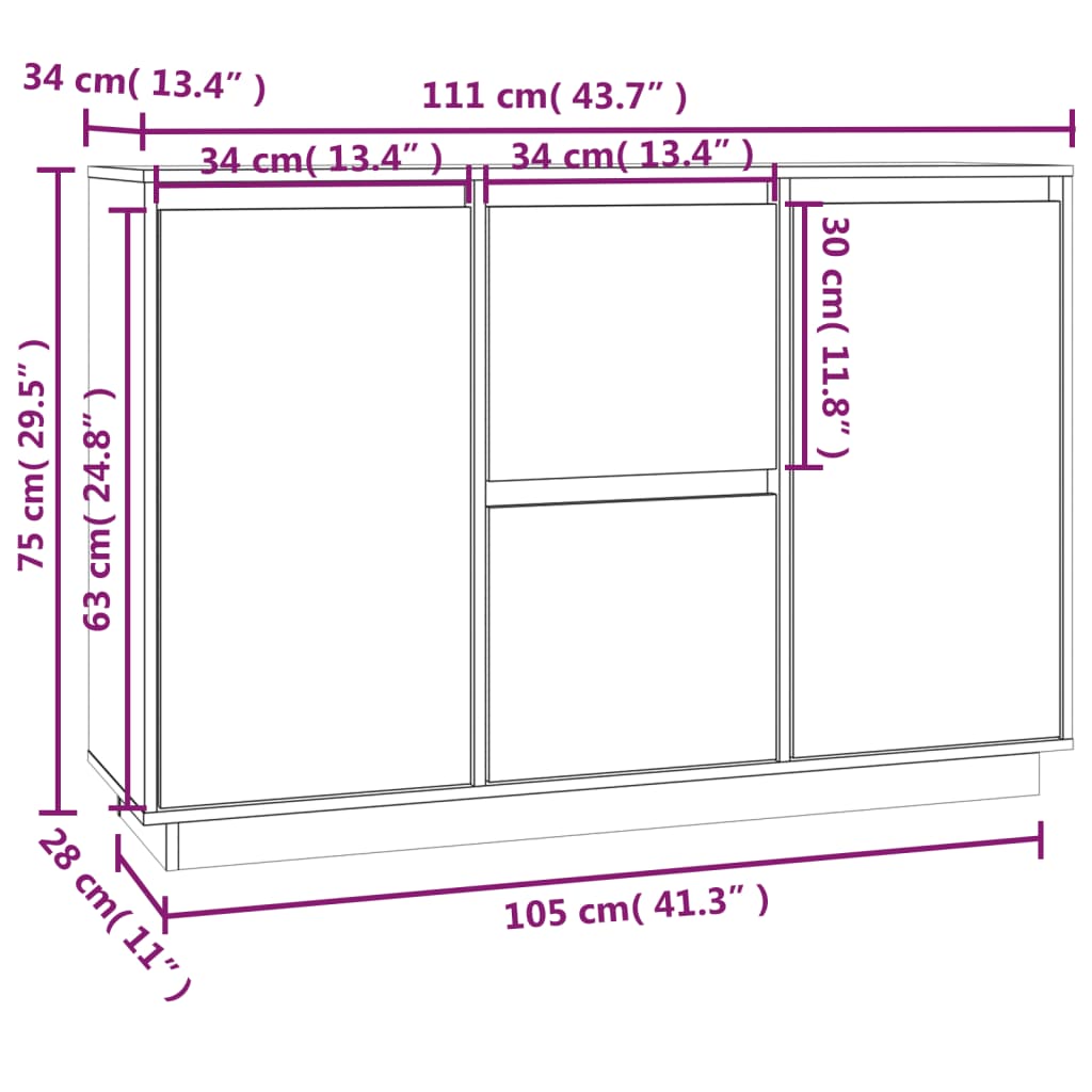 vidaXL Dressoir 111x34x75 cm massief grenenhout wit