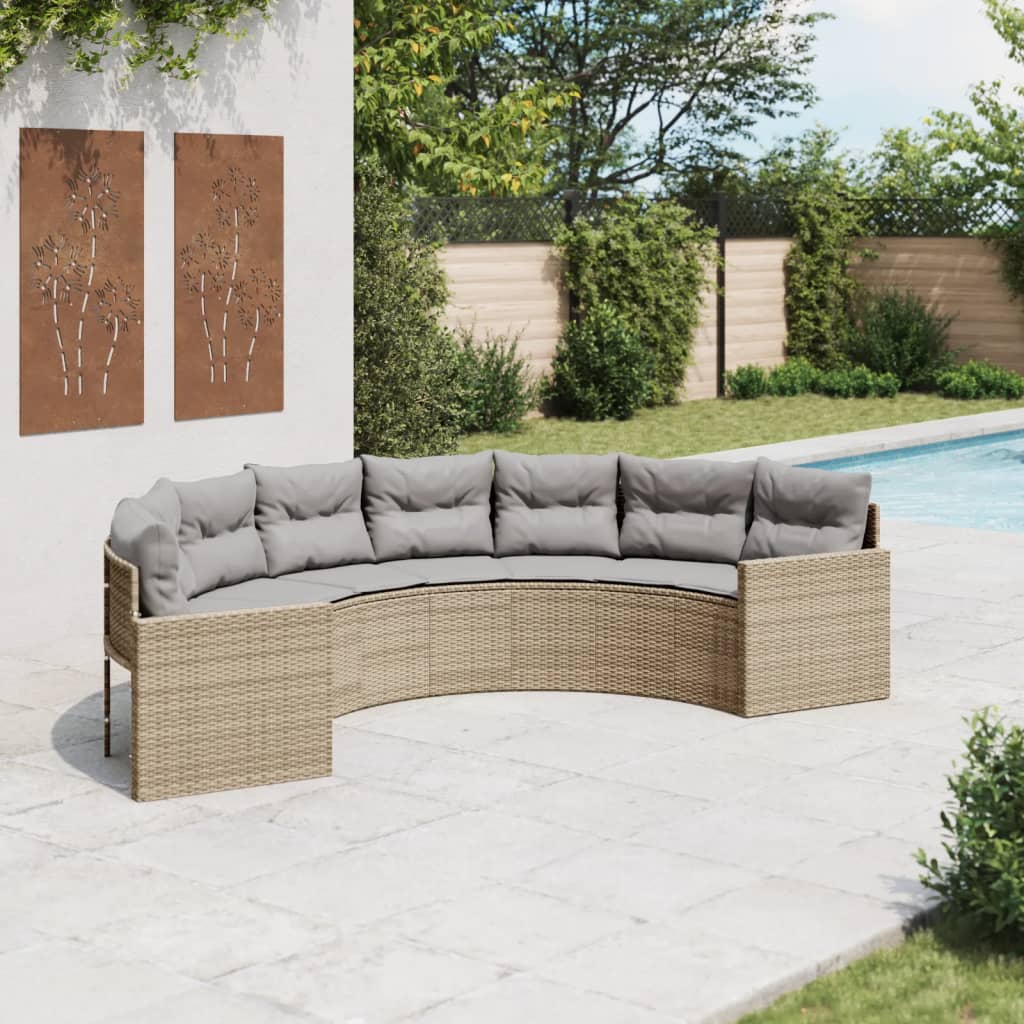 vidaXL Tuinbank met kussens halfrond poly rattan beige