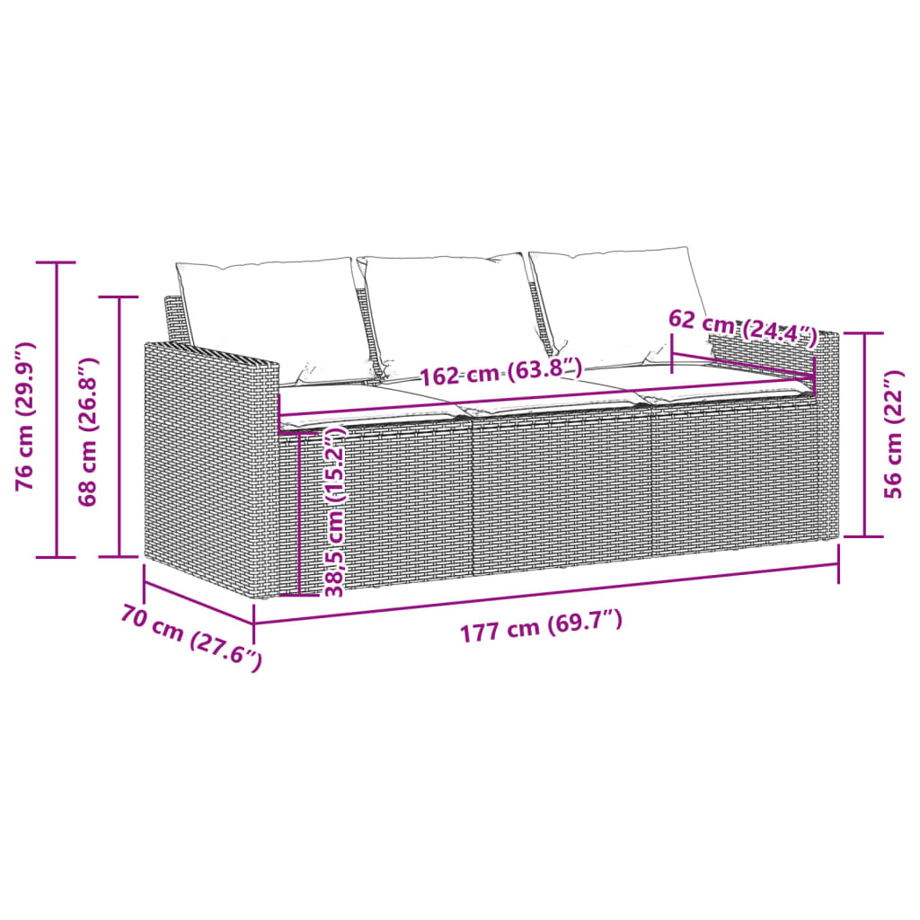 vidaXL Tuinbank 3-zits met kussens poly rattan beige