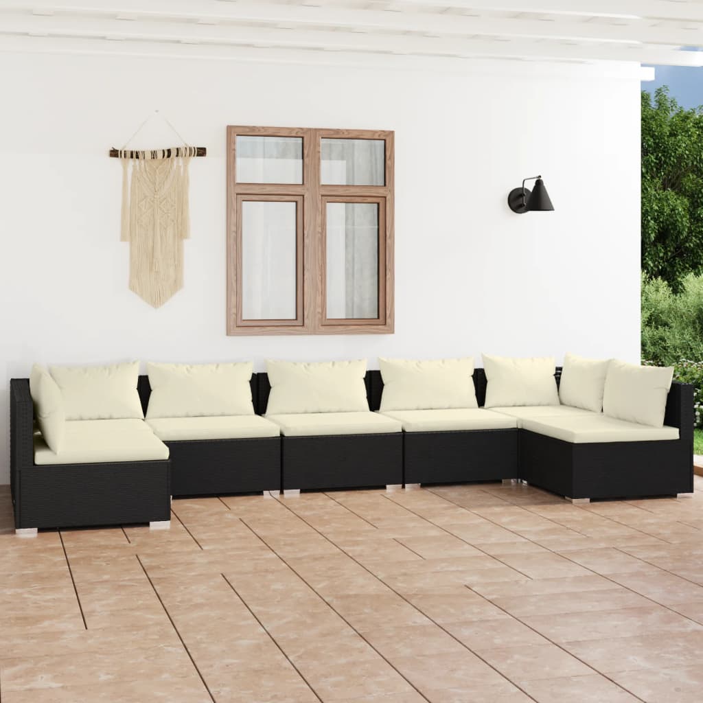 vidaXL 7-delige Loungeset met kussens poly rattan zwart