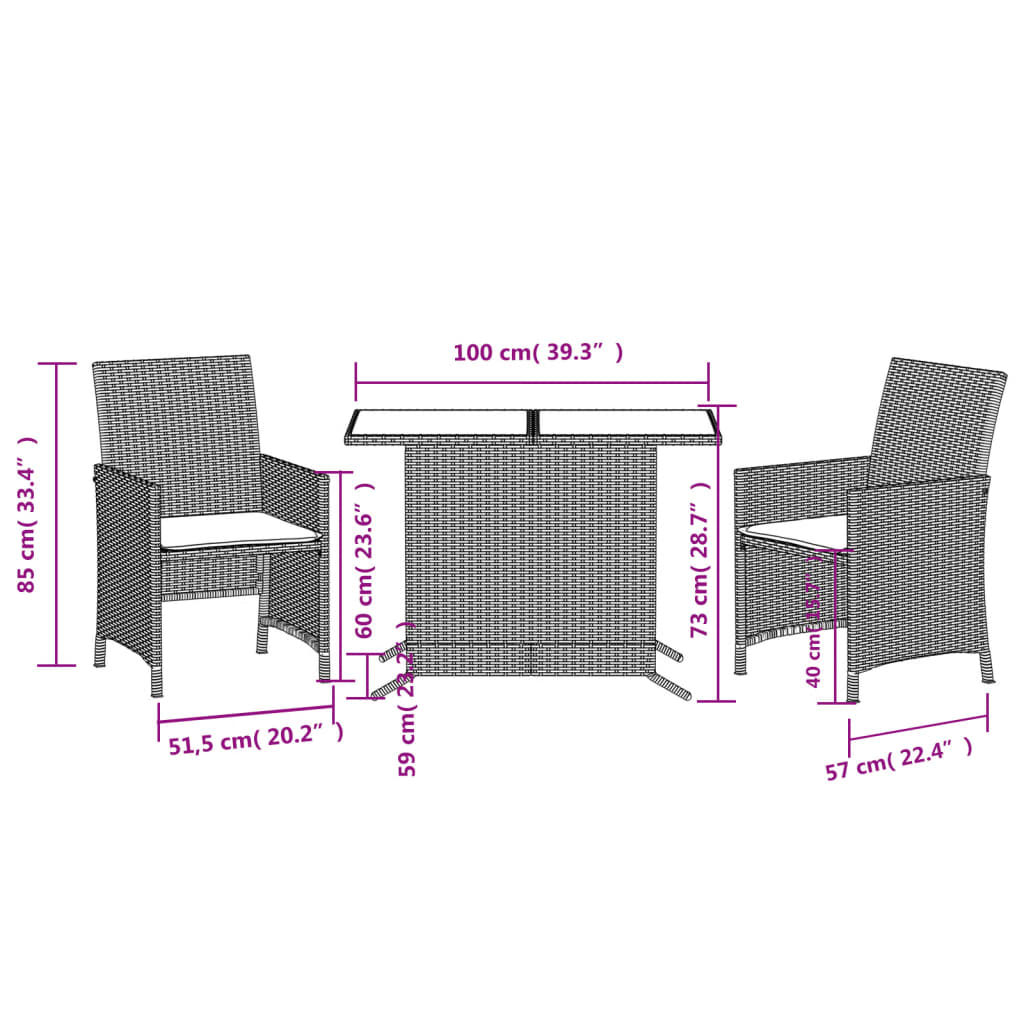 vidaXL 3-delige Bistroset met kussens poly rattan zwart