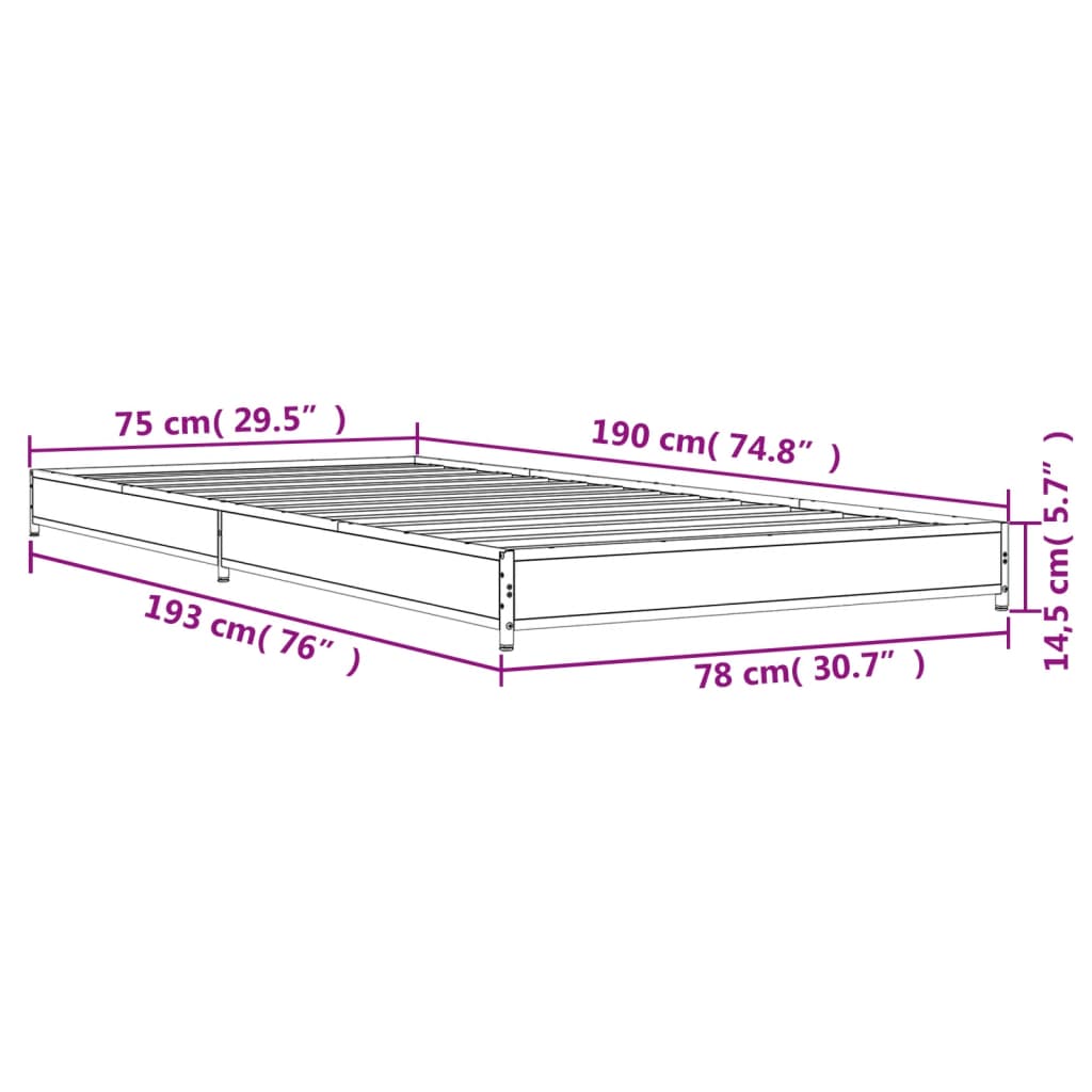 vidaXL Bedframe bewerkt hout en metaal gerookt eikenkleurig 75x190 cm