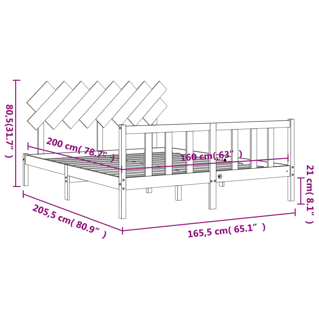 vidaXL Bedframe met hoofdbord massief hout zwart 160x200 cm