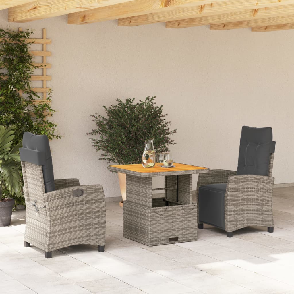 vidaXL 3-delige Tuinset met kussens poly rattan grijs