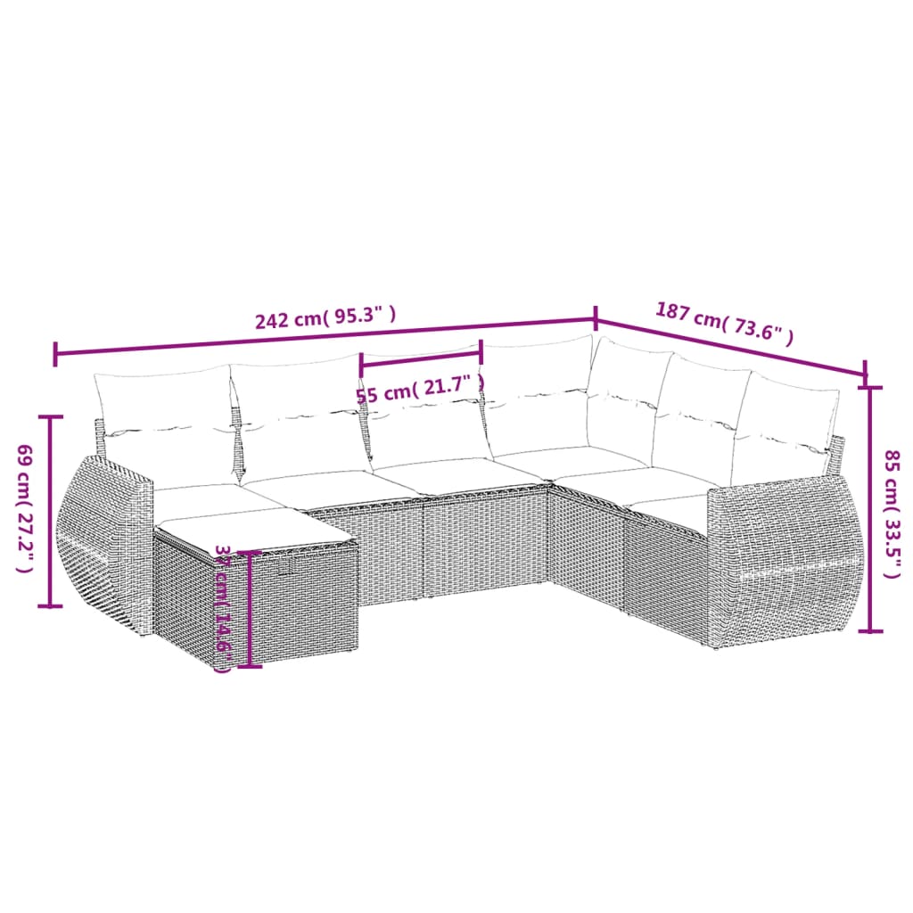 vidaXL 7-delige Loungeset met kussens poly rattan grijs