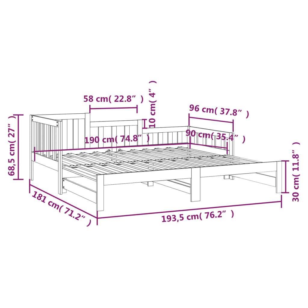 vidaXL Slaapbank uitschuifbaar massief grenenhout wit 2x(90x190) cm