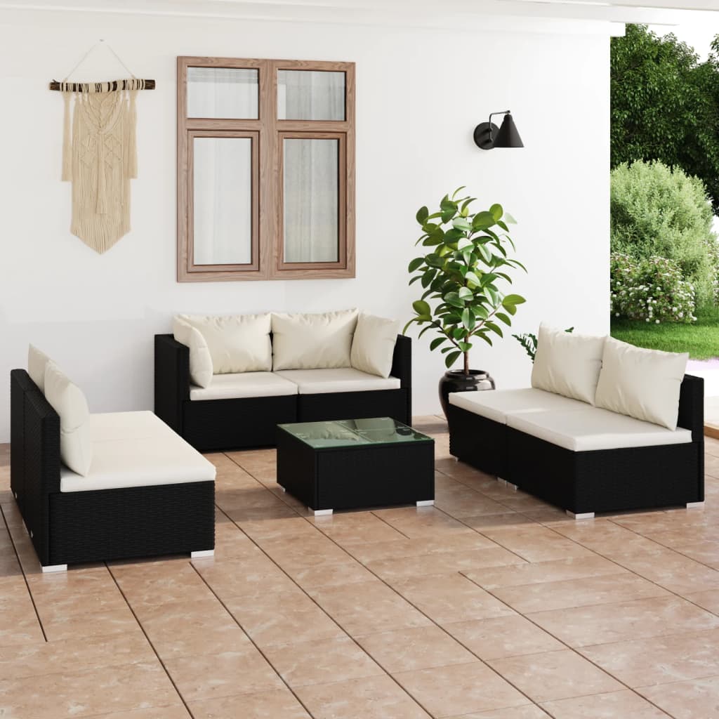 vidaXL 7-delige Loungeset met kussens poly rattan zwart