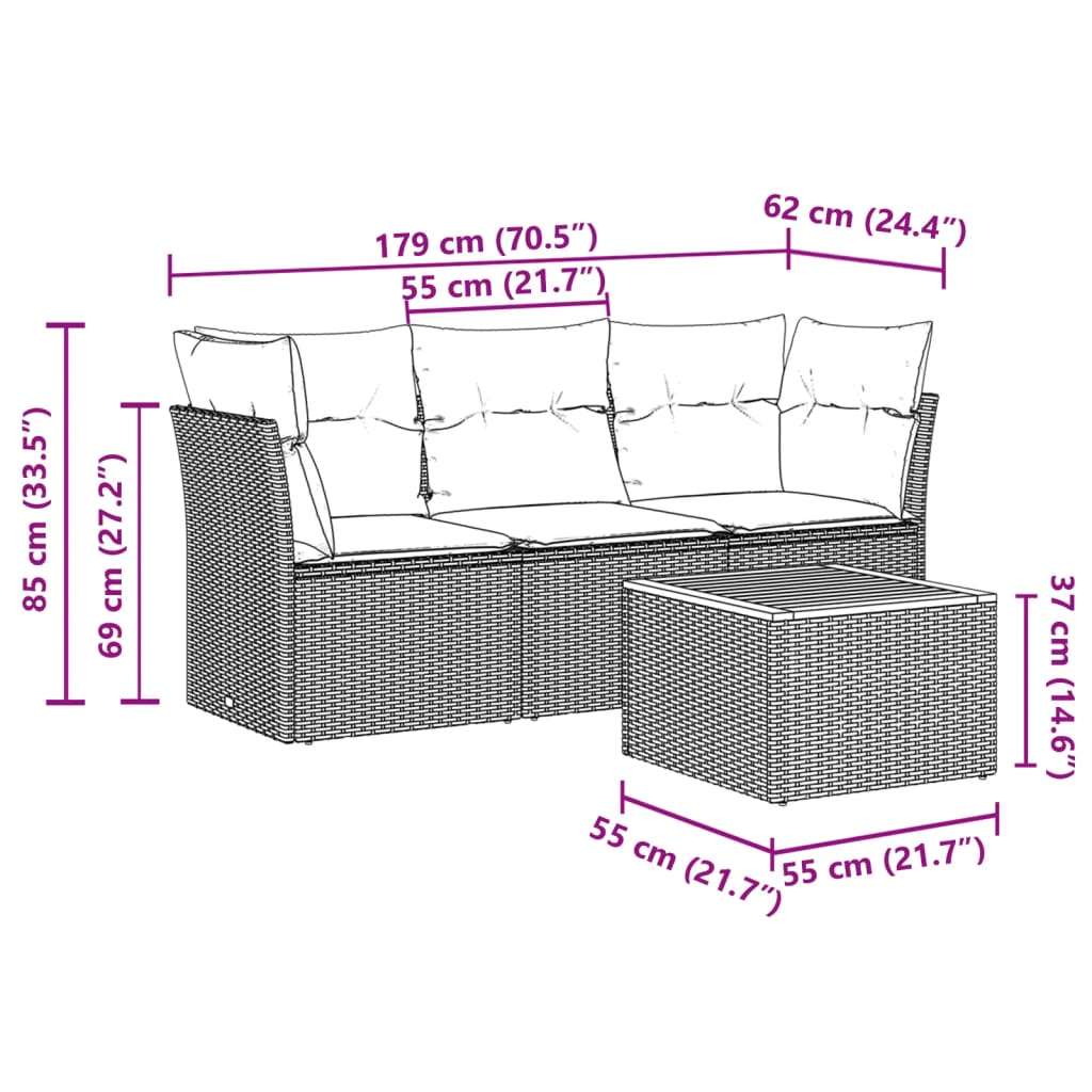 vidaXL 4-delige Loungeset met kussens poly rattan grijs