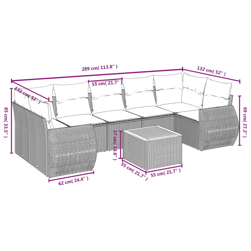 vidaXL 8-delige Loungeset met kussens poly rattan zwart