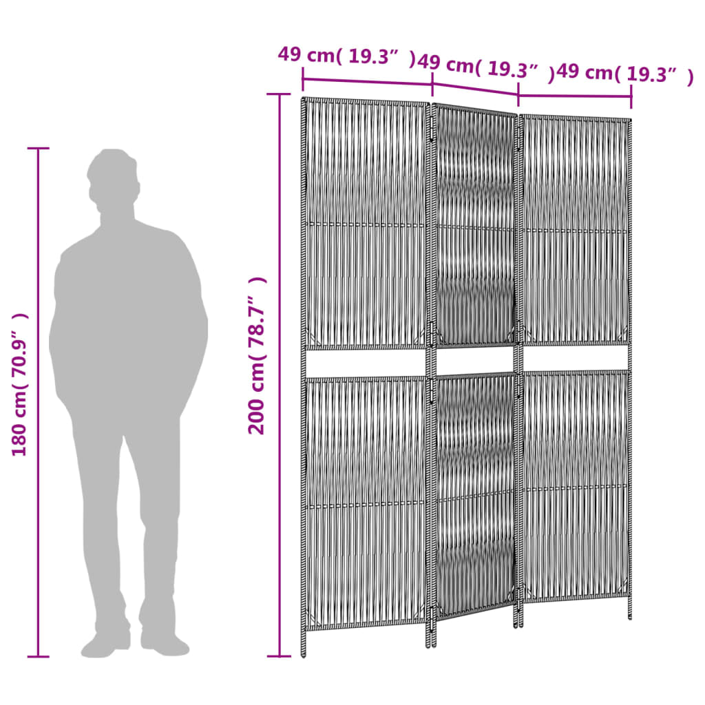 vidaXL Kamerscherm 3 panelen poly rattan grijs