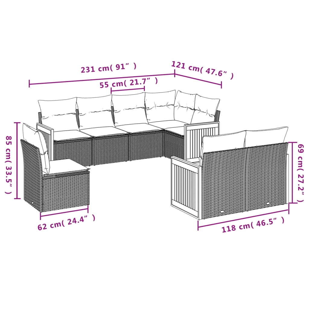 vidaXL 8-delige Loungeset met kussens poly rattan beige