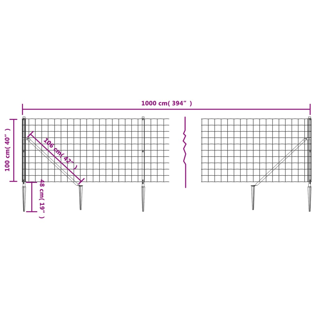 vidaXL Draadgaashek met grondankers 1x10 m antracietkleurig